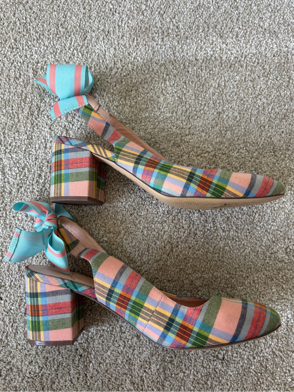 J. Crew Bow-Back Slingback Pumps Pastel Ribbon Plaid Block Heel Preppy Coquette - Picture 8 of 12